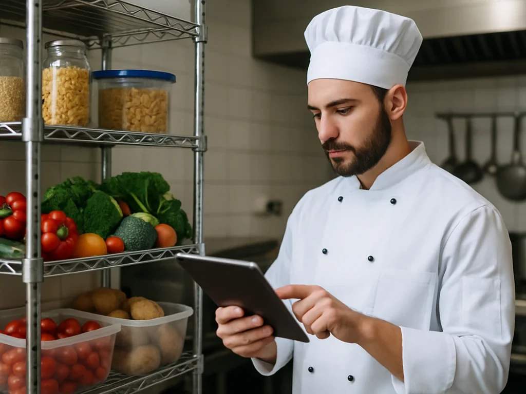 Chef checking real-time inventory next to stocked shelves Bitreport