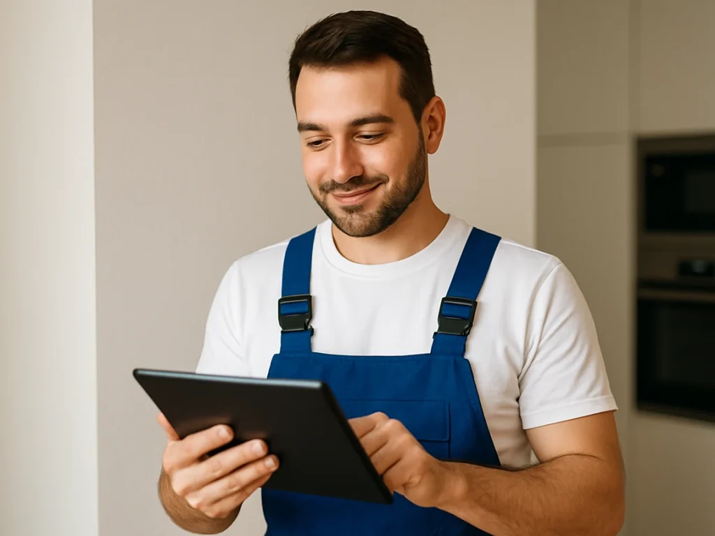 Restaurant repairman checking repair requests on tablet Bitreport