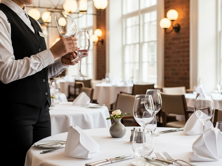 Restaurant staff front of house setting tables and polishing glasses Bitreport