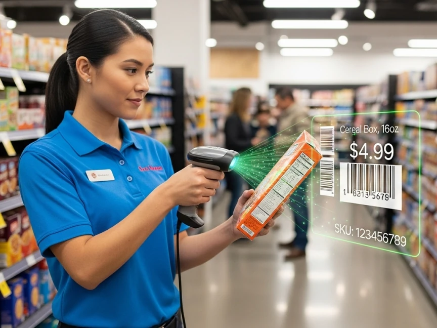 Retail employee scanning products barcode Bitreport