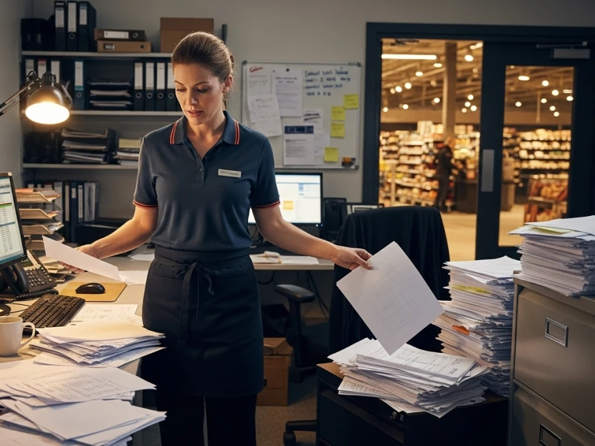 Retail manager overwhelmed papers organization Bitreport