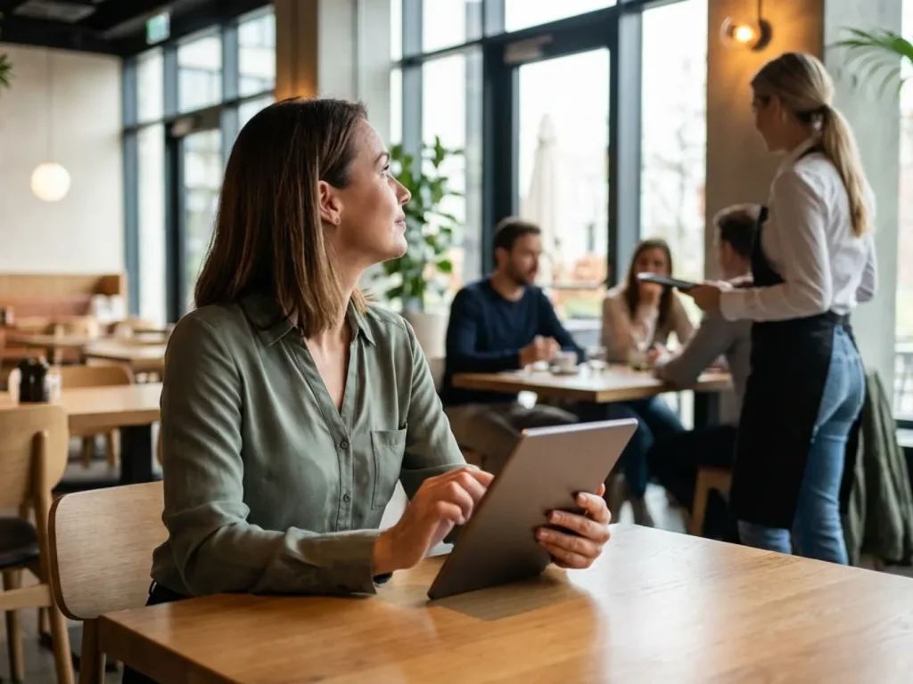 Restaurant manager reviewing operations data on a tablet while observing service flow