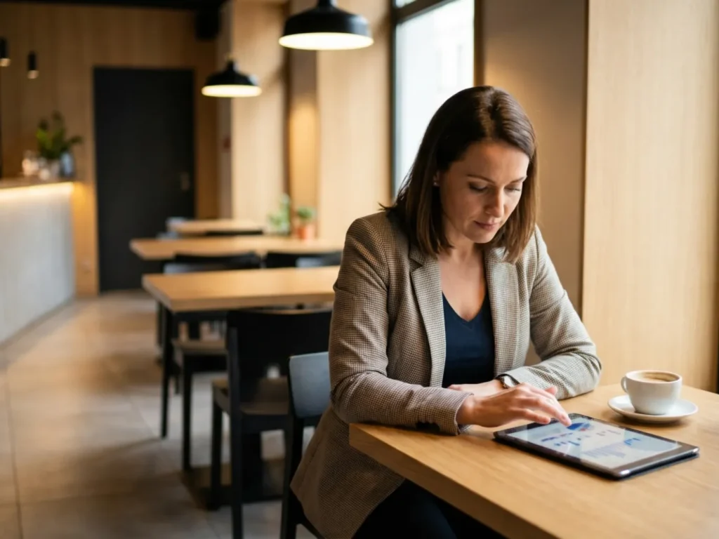 Restaurant manager reviewing integrated dashboard showing real-time operational metrics