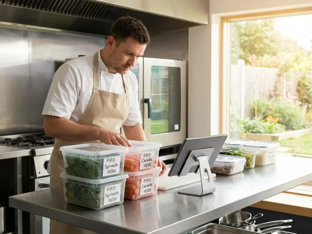 Kitchen staff using organized prep station with labeled containers following FIFO system