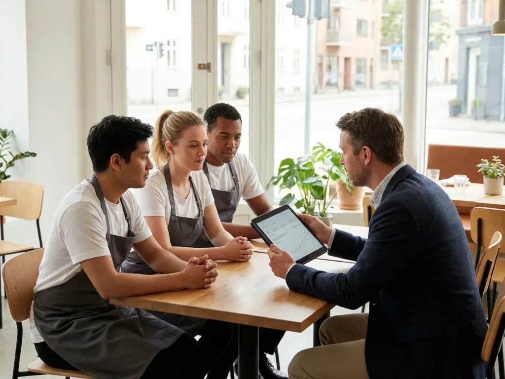 Restaurant team during pre-shift meeting with manager reviewing daily goals