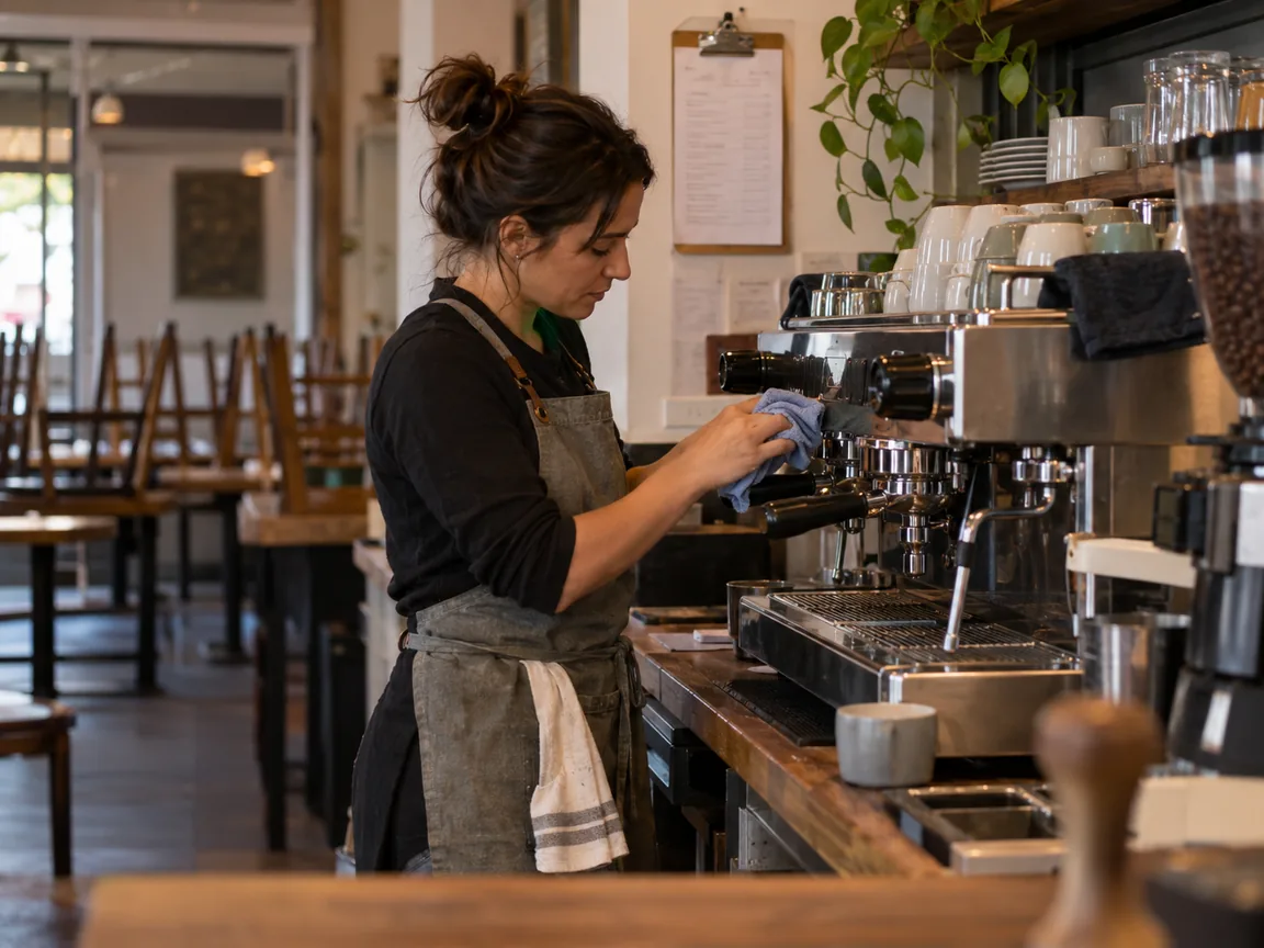 Cafe barista cleaning an espresso machine before opening with a checklist hanging on the wall