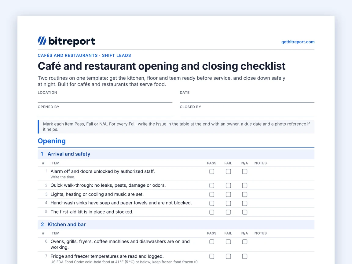 Preview of the caf&eacute; and restaurant opening and closing checklist template: header fields and the first checklist section