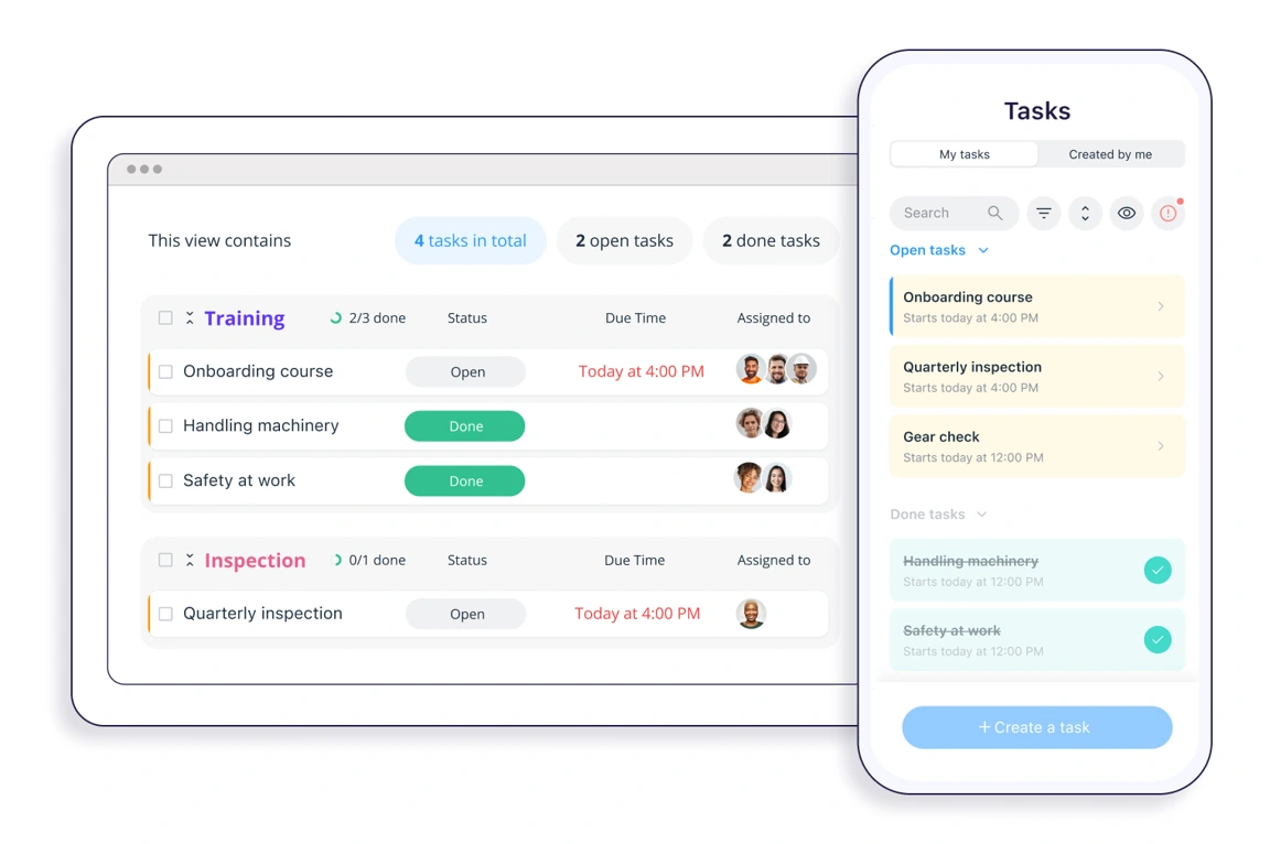 Connecteam desktop and mobile task views showing open tasks, subtasks, due times, and assignees