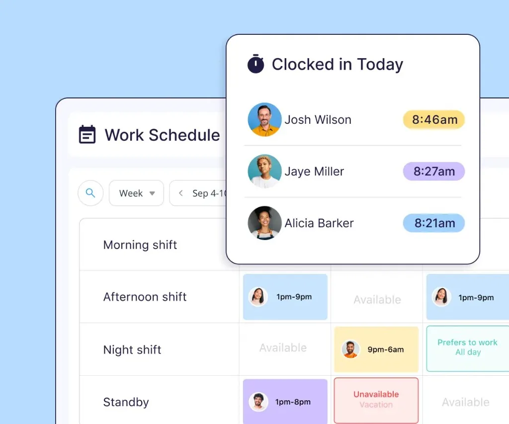 Connecteam work schedule and employee clock-in status shown in a product interface composition