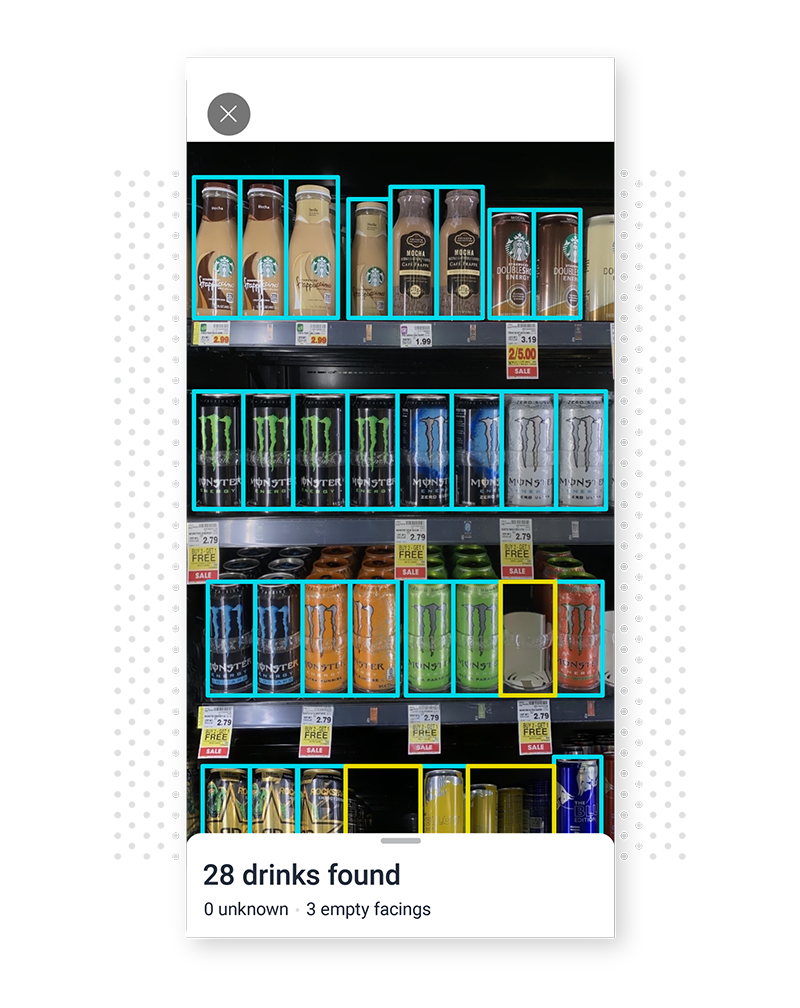 GoSpotCheck by FORM image recognition visual identifying drinks and empty facings on a retail shelf