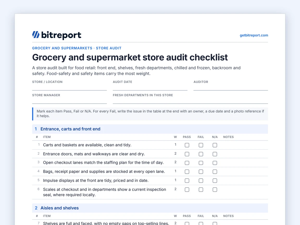 Preview of the grocery and supermarket store audit checklist template: header fields and the first checklist section