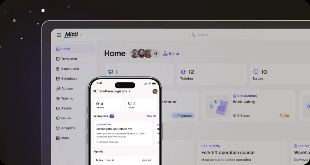 Mitti by SafetyCulture desktop and mobile interface with inspections, schedules, actions, and issues