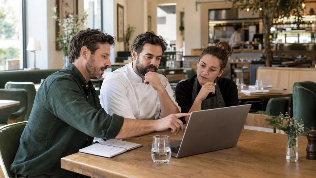 Restaurant team discussing and choosing management software during a meeting