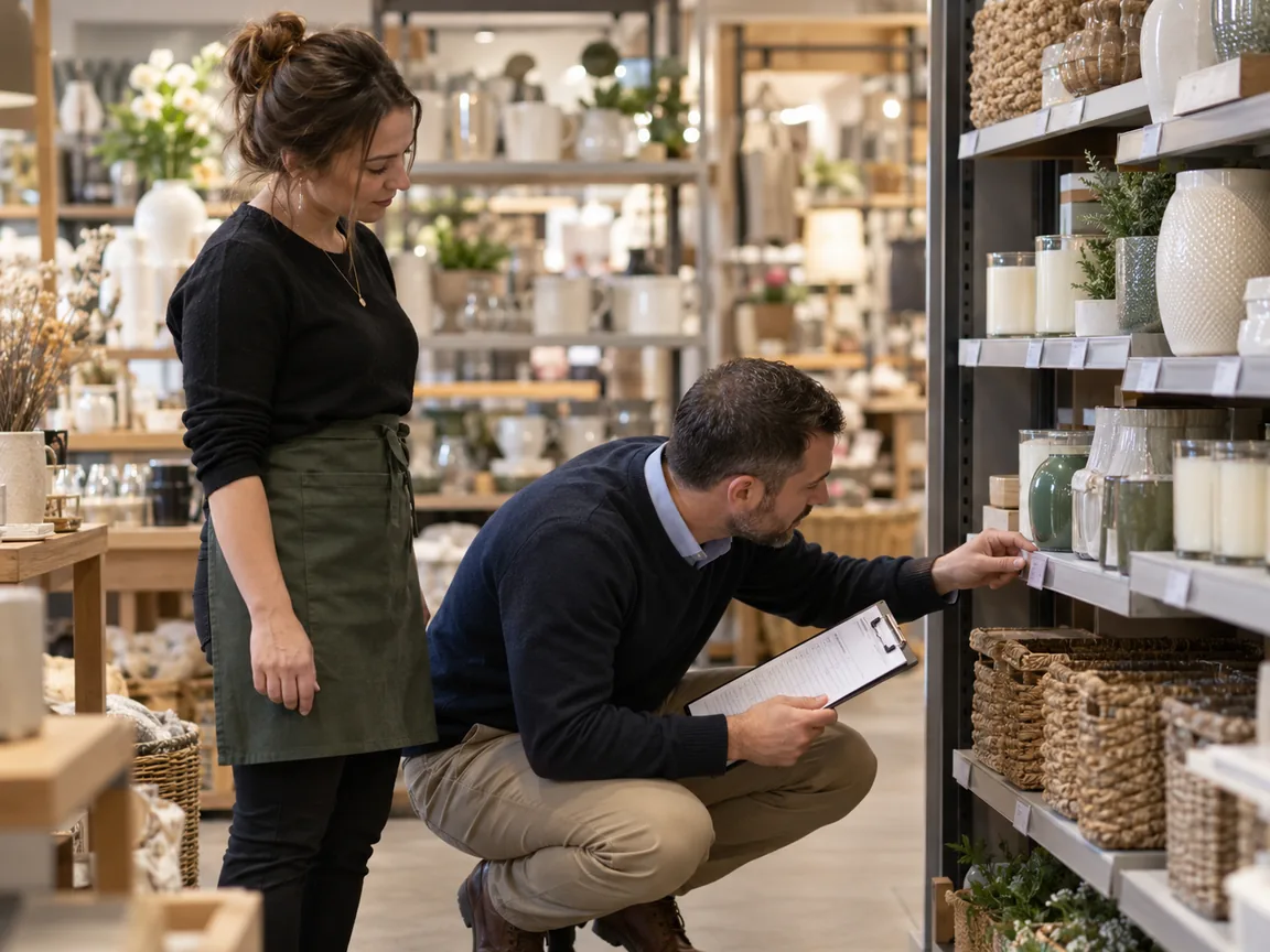 Area manager crouching to check a shelf price label against a printed audit checklist while the store manager watches
