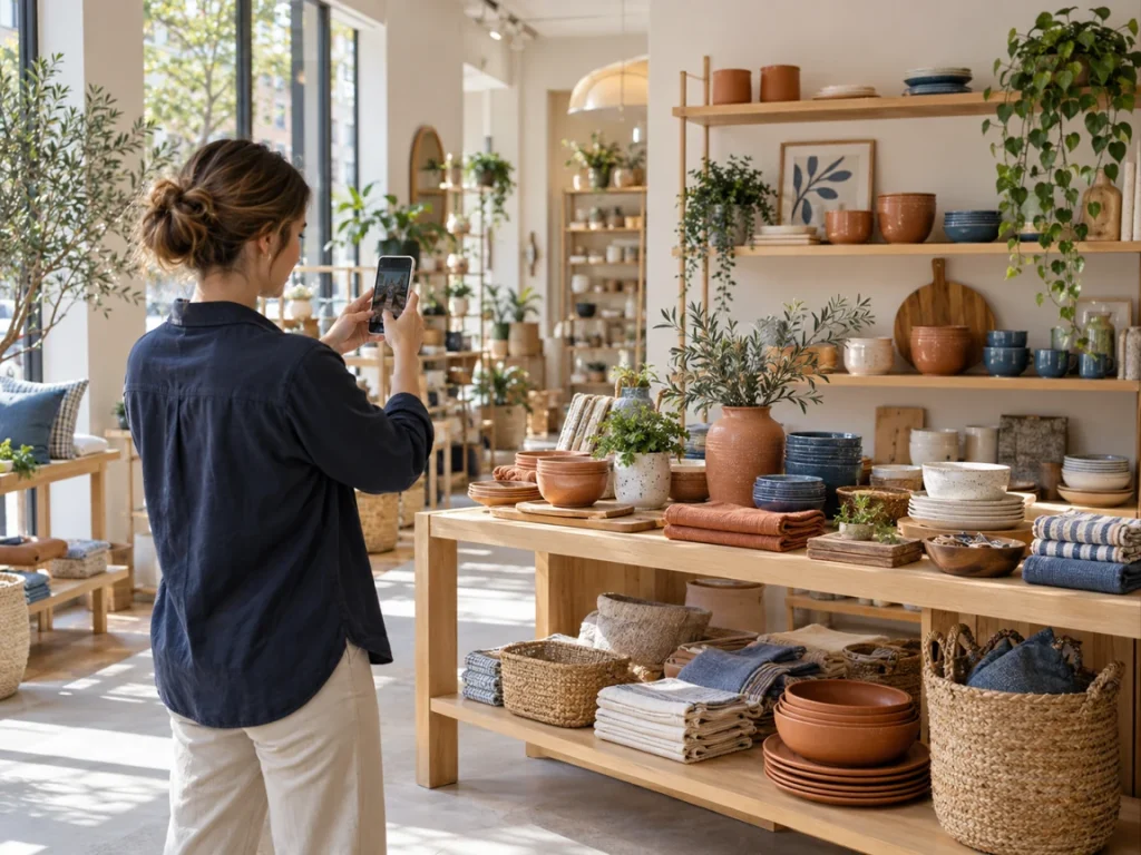 Retail associate photographing a finished homewares display with a smartphone