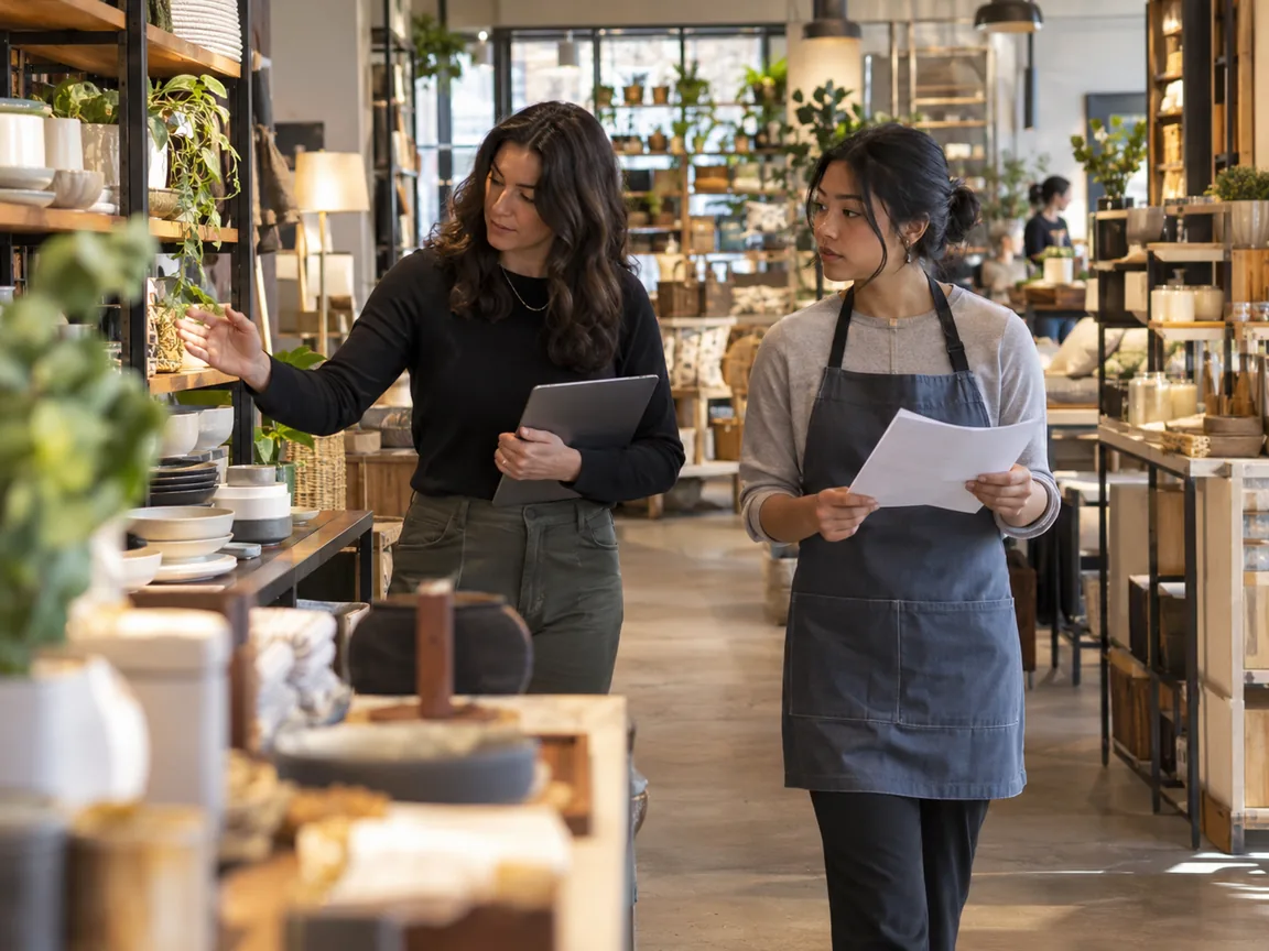 Store manager and new team member going through a printed checklist on the sales floor of a home goods store