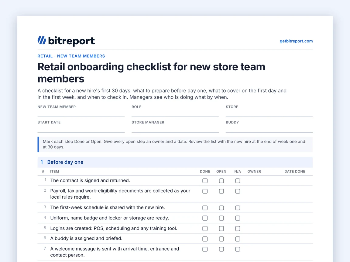 Preview of the retail onboarding checklist for new store team members template: header fields and the first checklist section