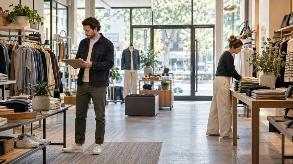 Retail manager and employee preparing a store before opening