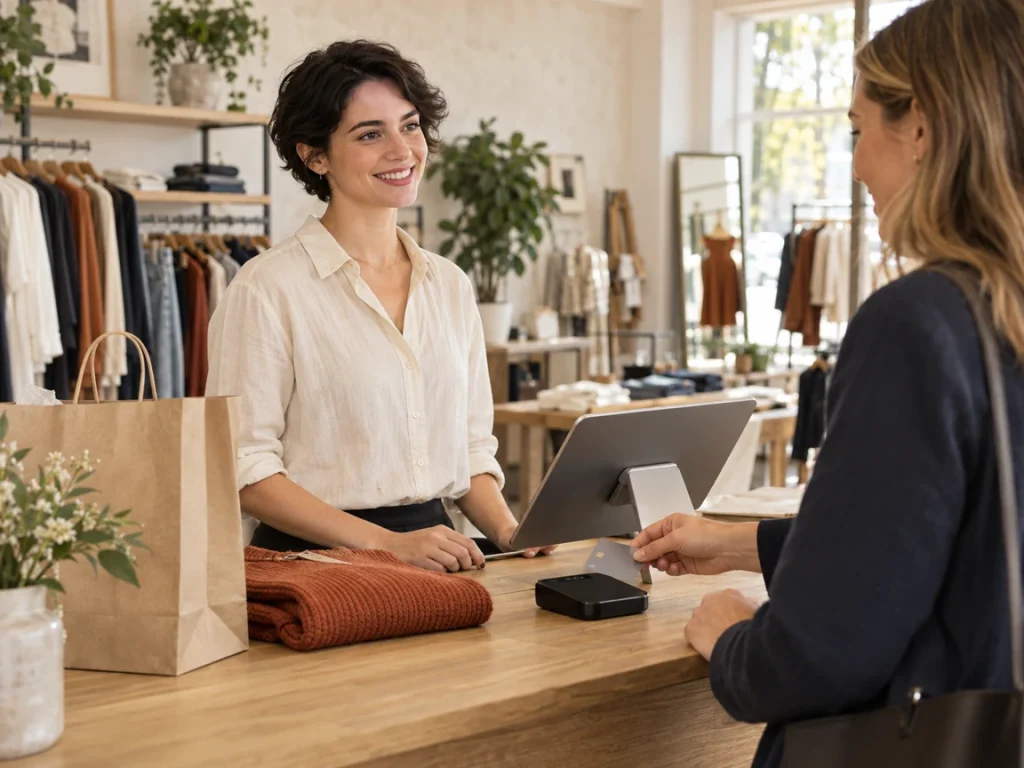 Customer making a contactless payment at a clothing store checkout