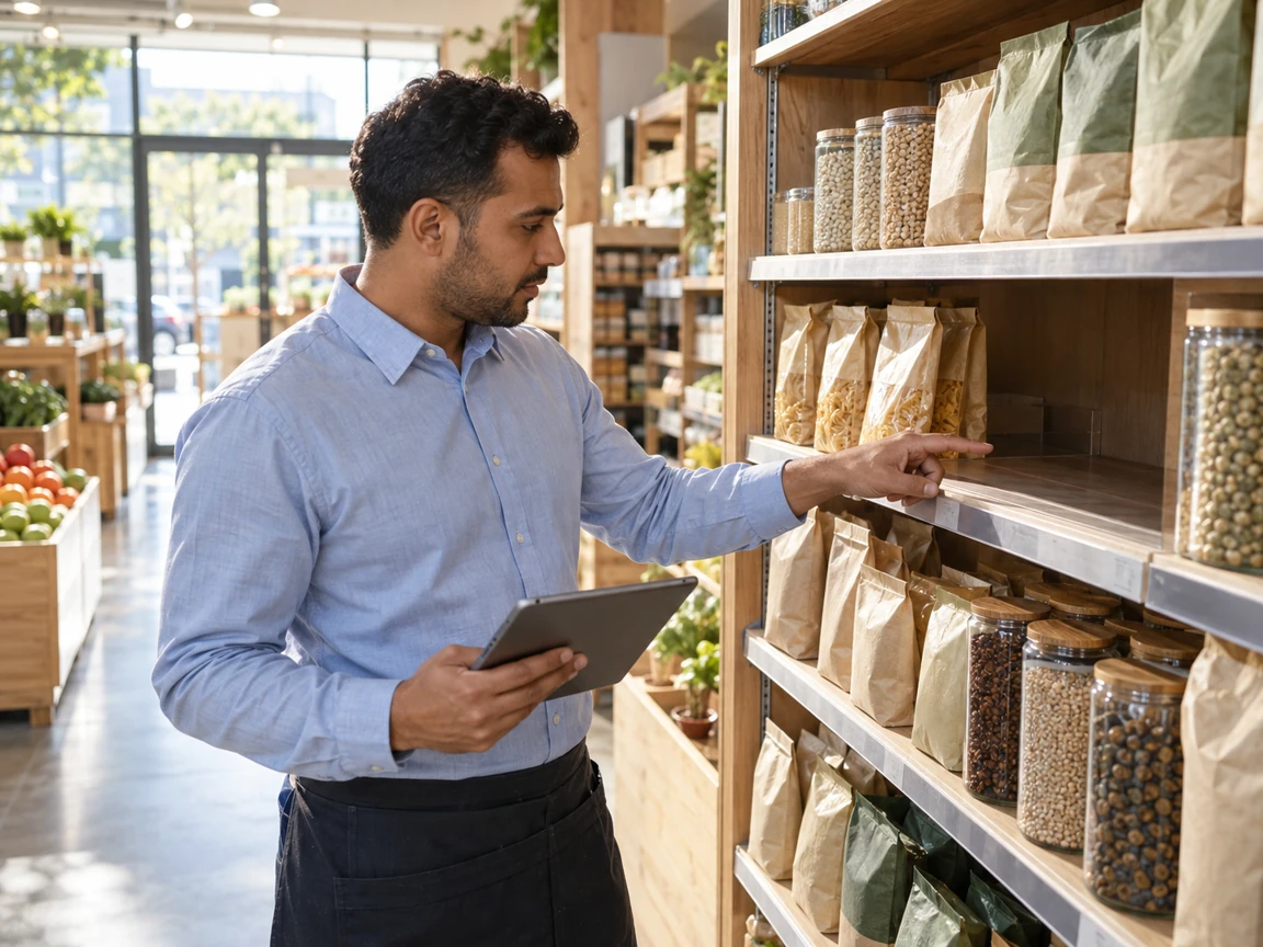 Store manager using a tablet while checking an empty product slot on a grocery shelf