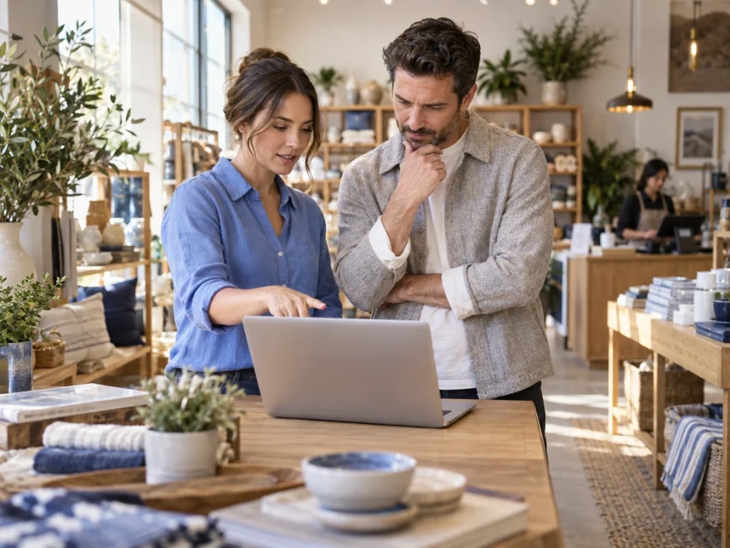 Two retail managers reviewing a laptop together in a bright homeware store