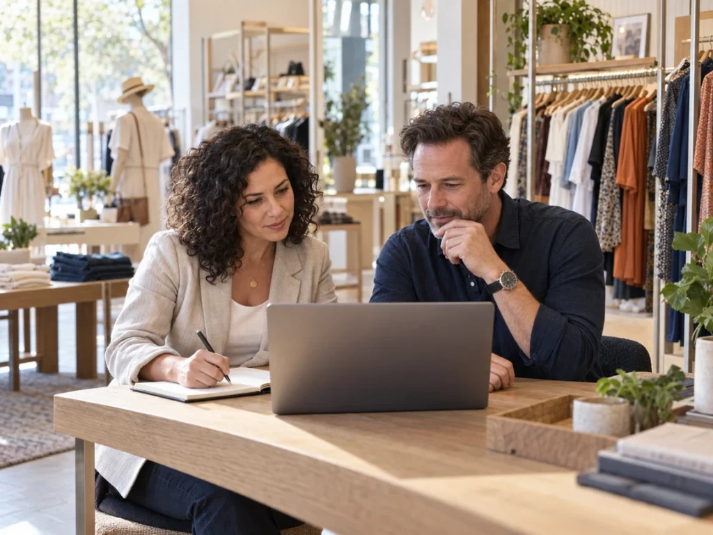 Two retail managers reviewing a laptop and taking notes inside a bright clothing store