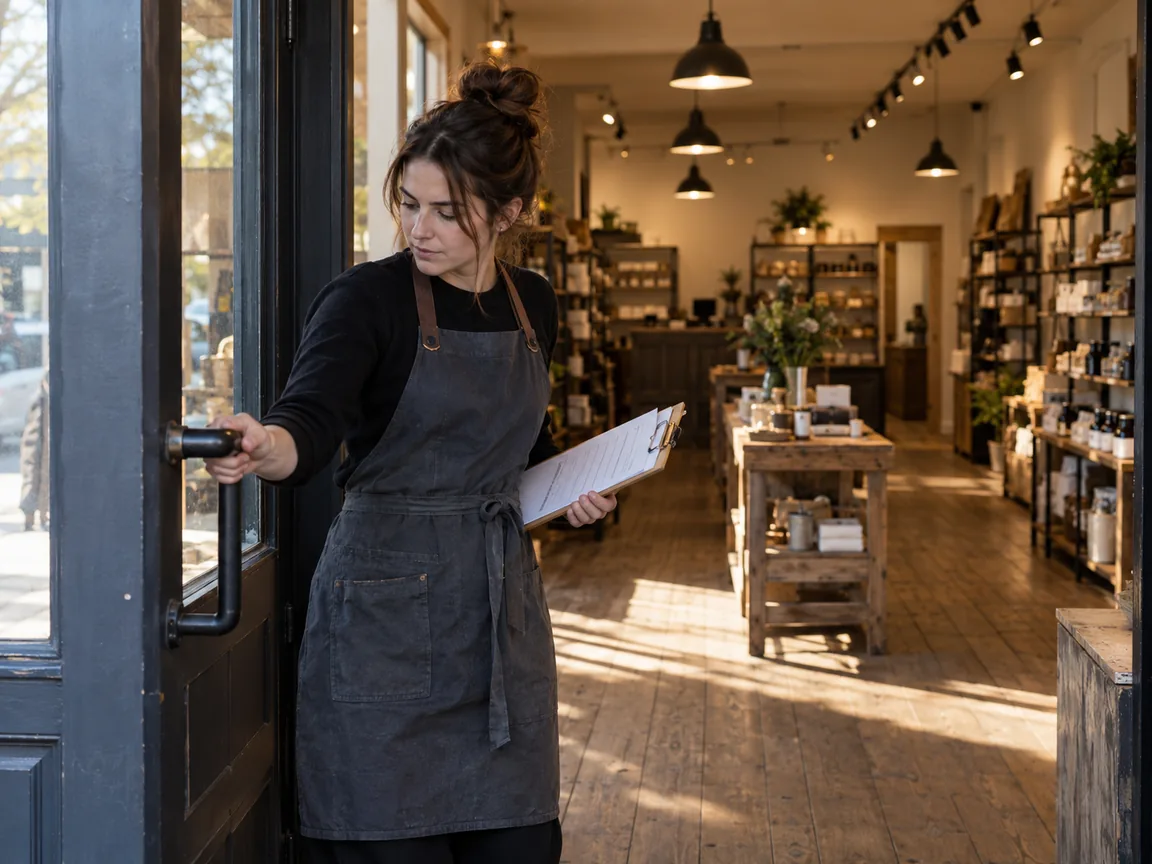 Store employee opening the front door of a shop in the morning with a checklist on a clipboard