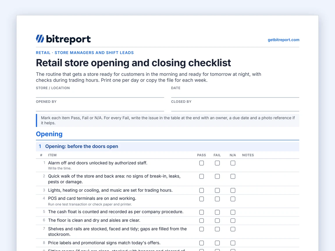 Preview of the retail store opening and closing checklist template: header fields and the first checklist section