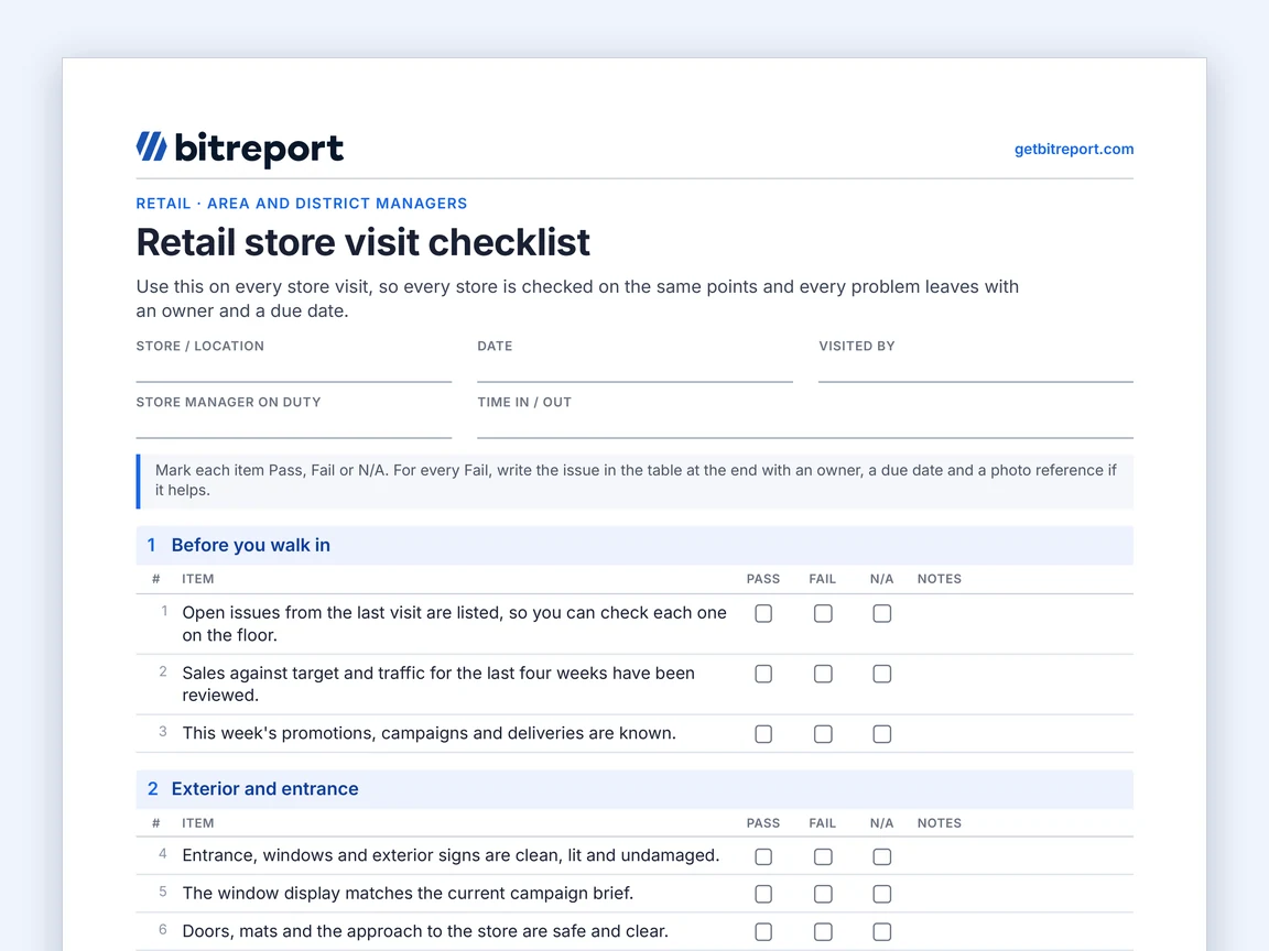 Preview of the retail store visit checklist template: header fields and the first checklist section