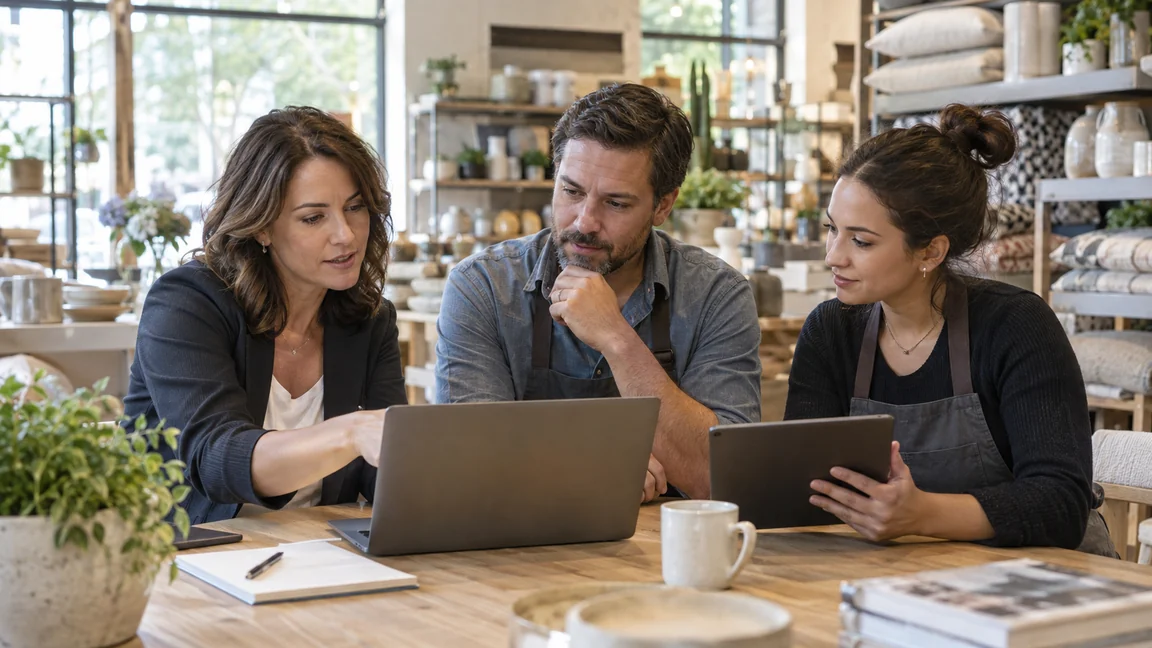 Three retail colleagues evaluating software together with a laptop and tablet in a home goods store
