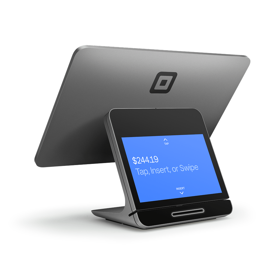 Square Register product visual showing the back of the merchant screen and the customer-facing payment display