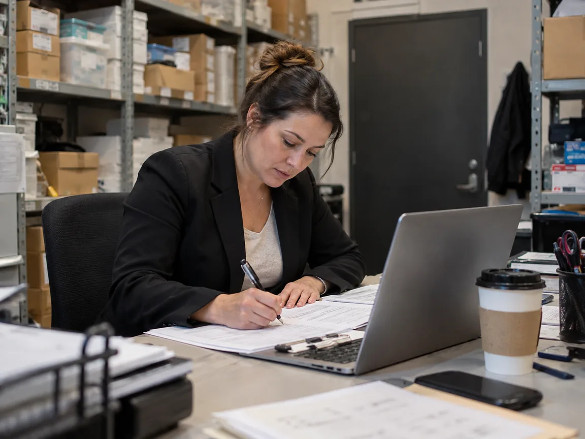 Manager completing a store visit report at a back-office desk next to a laptop