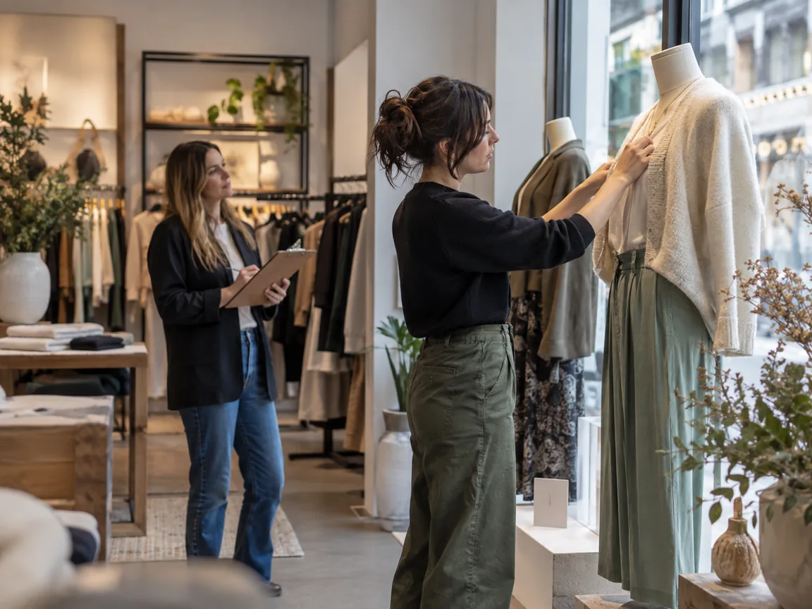 Two colleagues checking a fashion store display while one adjusts a mannequin outfit and the other holds a clipboard