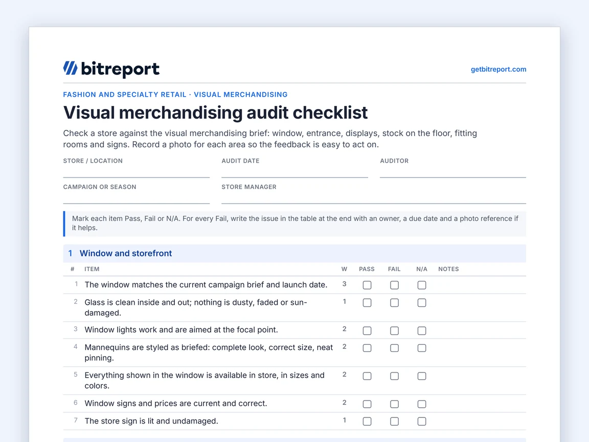Preview of the visual merchandising audit checklist template: header fields and the first checklist section