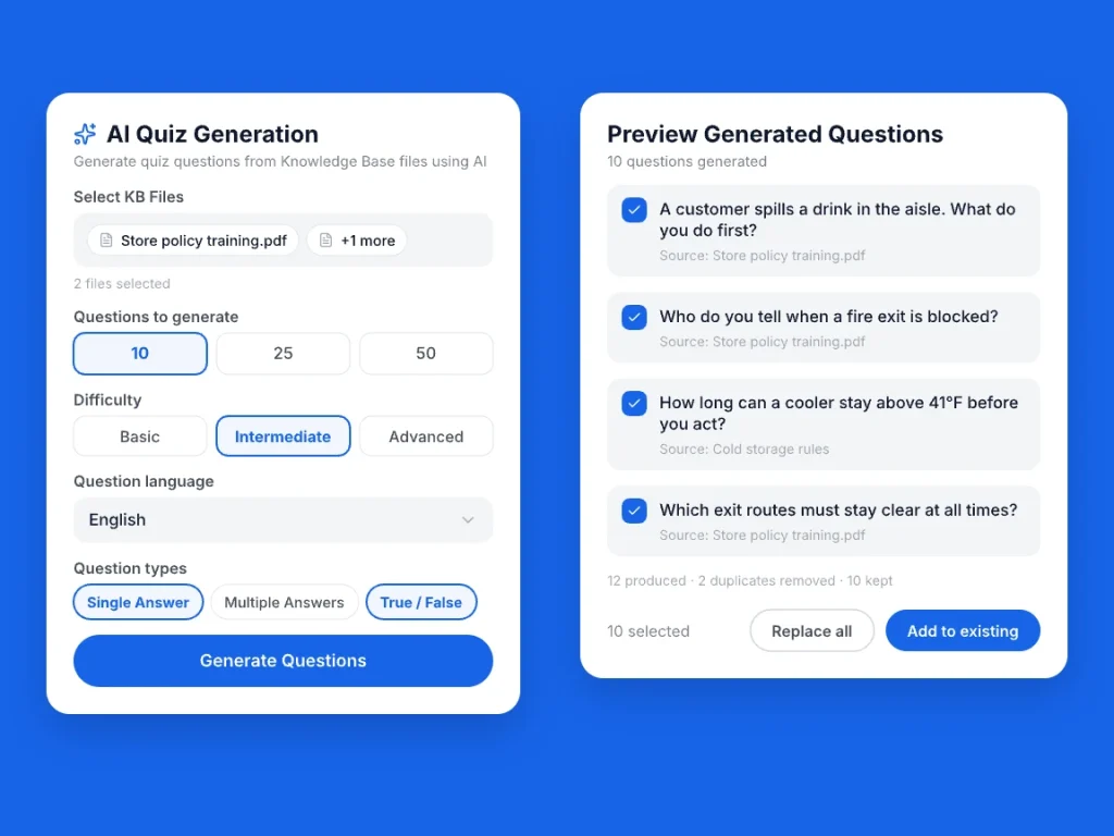 AI Quiz Generation panel and the preview of questions generated from Knowledge Base files
