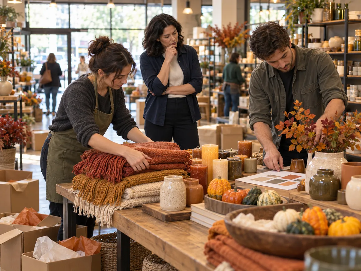 Store team arranging an autumn display while an area manager checks progress