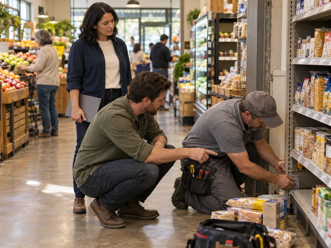 Area manager and store manager watching a contractor repair a damaged shelving upright in a grocery store