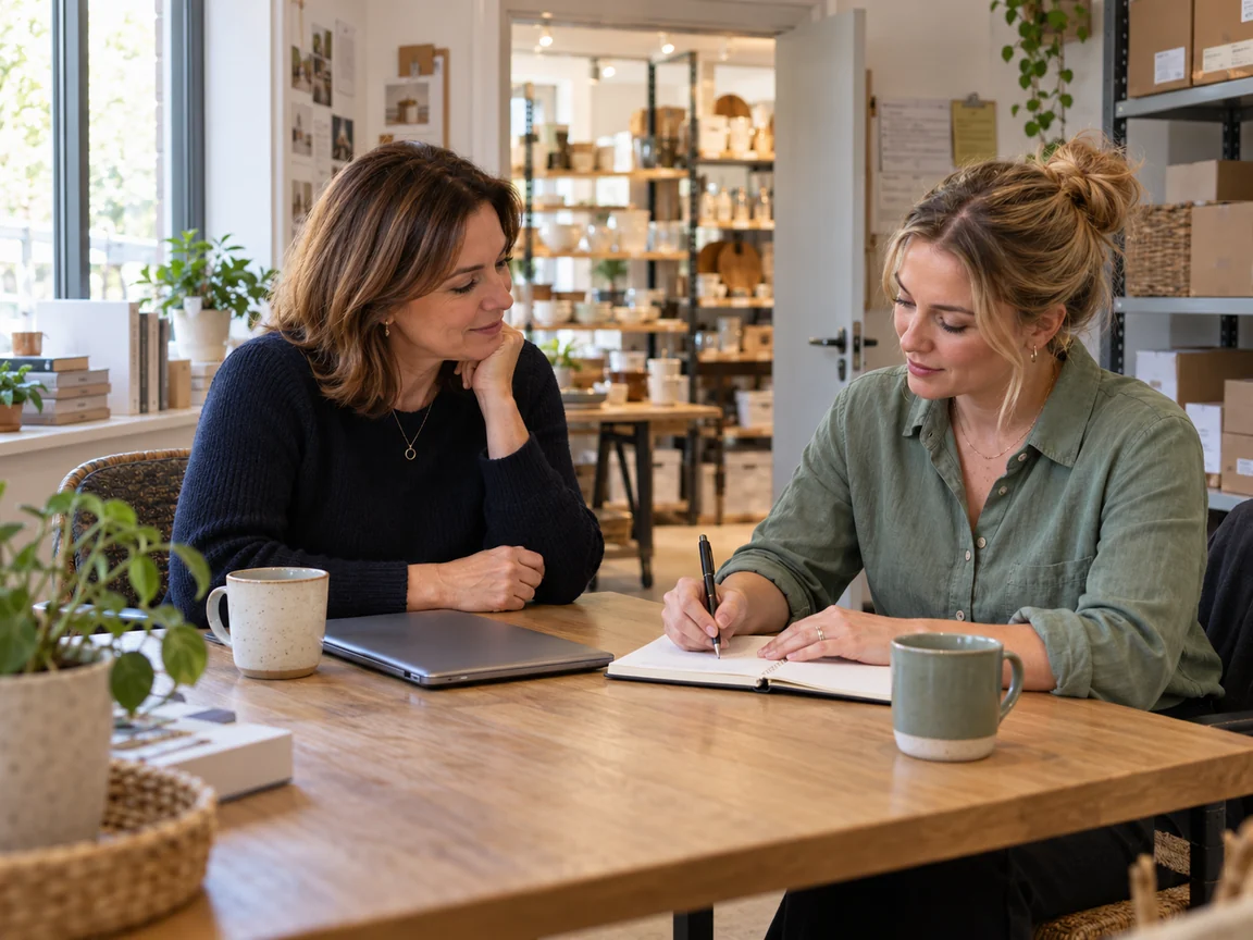 Area manager and store manager discussing visit notes at a back-office table