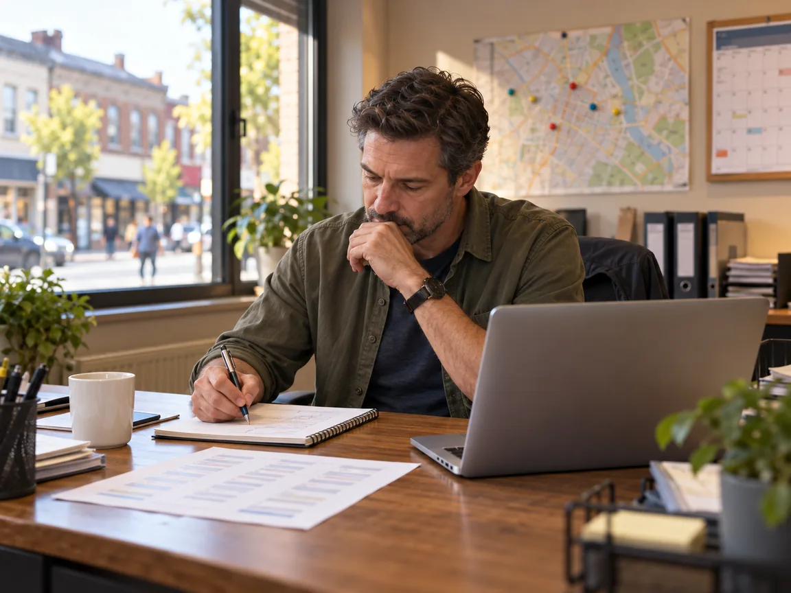 Area manager planning store visits at a desk with a city map and wall calendar