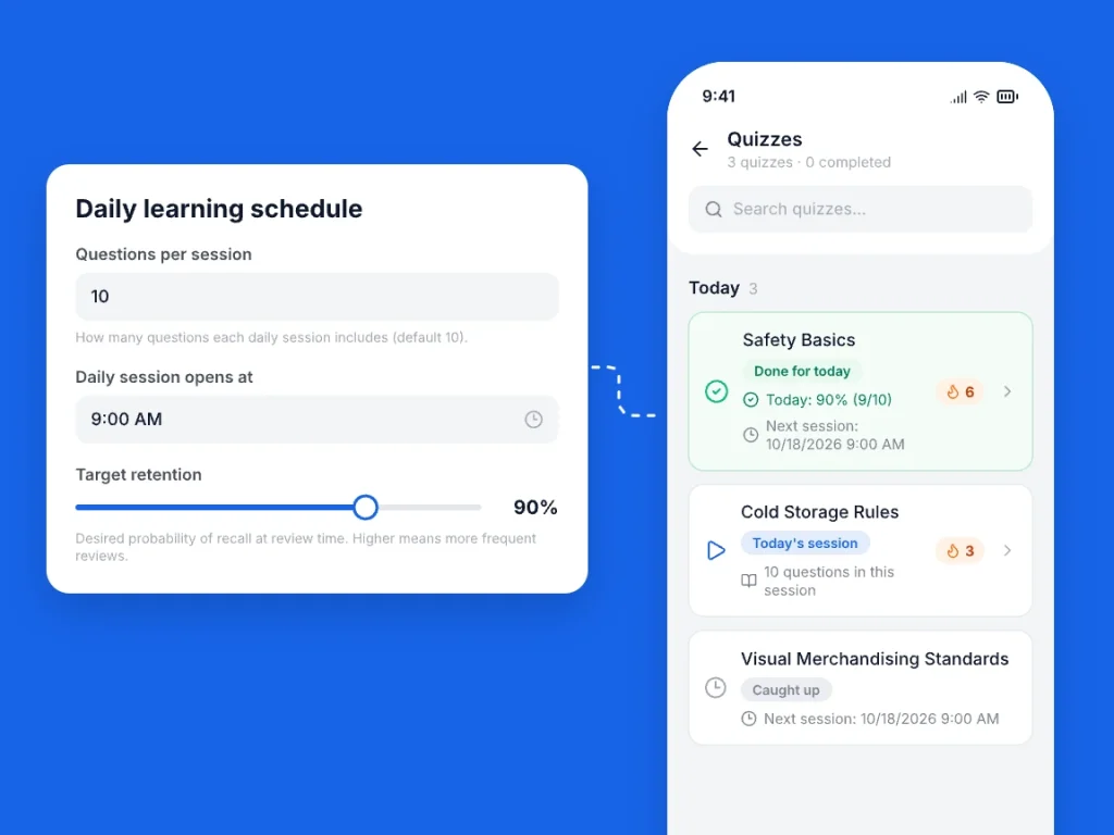 Daily learning schedule settings and the phone quiz list with today's session and daily streak