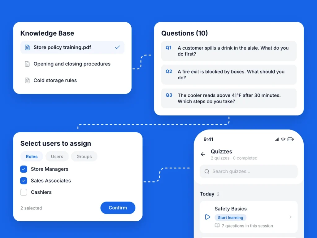 Knowledge Base file turned into quiz questions, assigned to roles and opened as a daily quiz on the phone