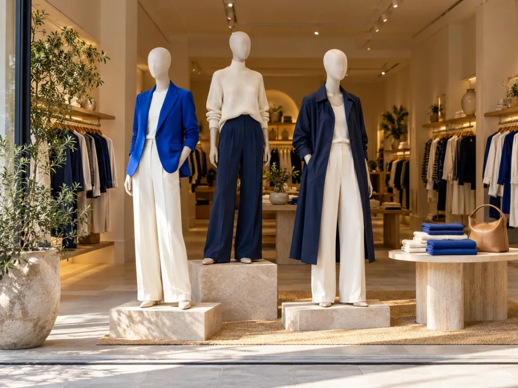 Fashion window display with three mannequins in coordinated blue and cream outfits