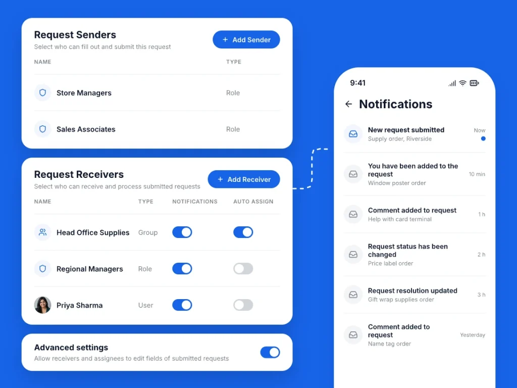 Request Senders and Request Receivers with notification and auto-assign switches next to the notifications list on a phone