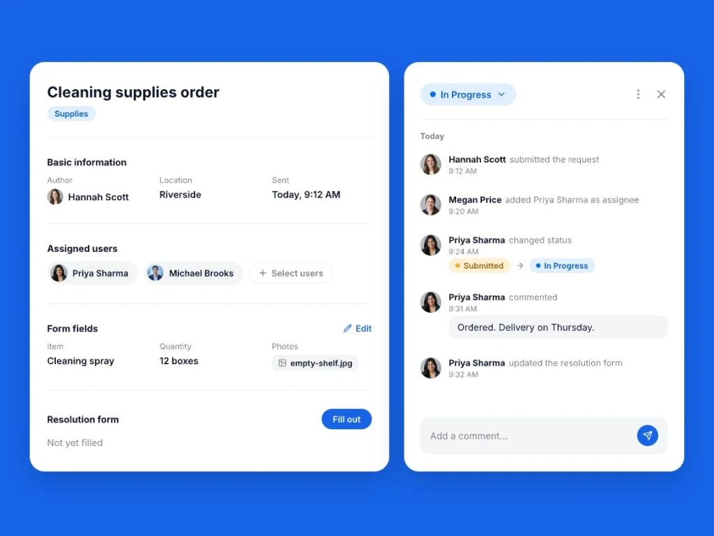 Request detail with status, assigned users, form fields, resolution form, activity log and comment box