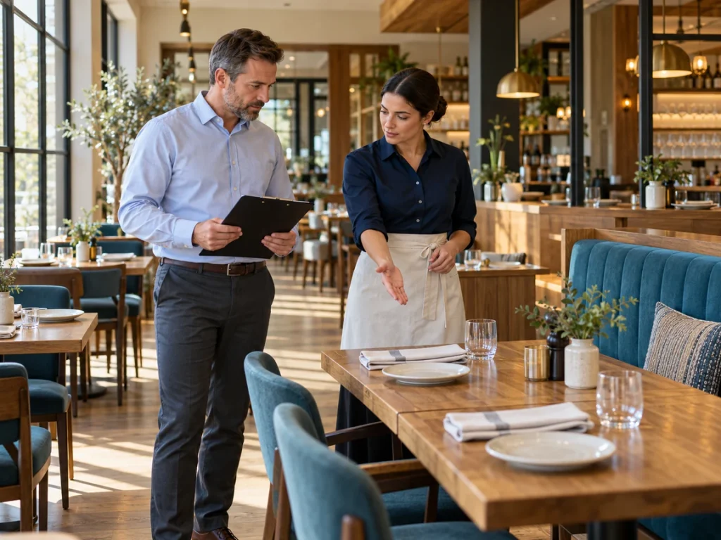 Two restaurant managers review a table setting during a pre-service walkthrough