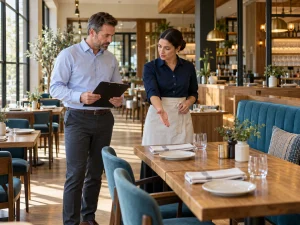 Two restaurant managers review a table setting during a pre-service walkthrough