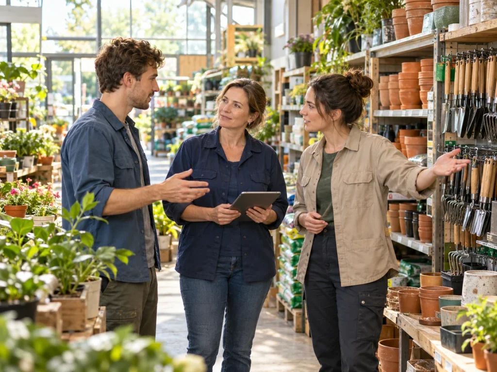 Three garden store colleagues discussing a shift handover beside tools and plants