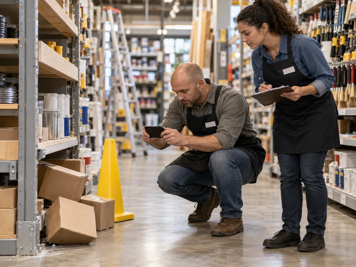 Store supervisor photographing fallen boxes on a damaged shelf while a colleague fills in an incident form on a clipboard