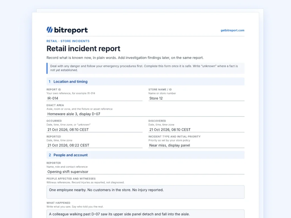 Fillable retail incident report form with location, timing and people fields filled in with a worked example