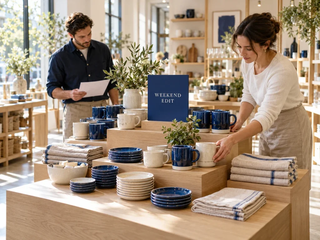 Two store employees prepare a blue and cream homewares display for a weekend promotion